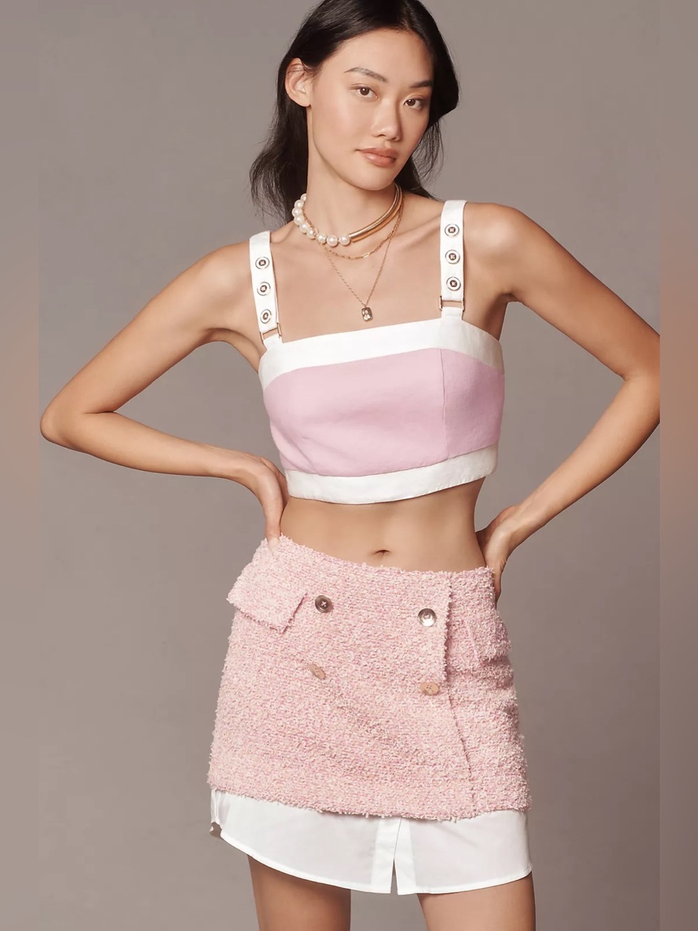 Anthropologie Maeve Square-Neck pink-white button Cropped Linen Tank Top